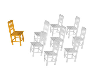 One yellow chair in a row of white chairs. Conference concept.