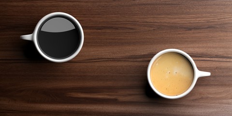 Cups of coffee on wooden background. 3d illustration