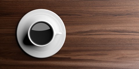Cup of coffee on wooden background with copy space. 3d illustration