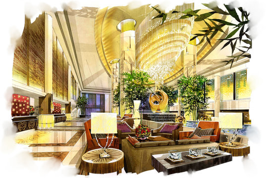 sketch interior lobby into a watercolor on paper.