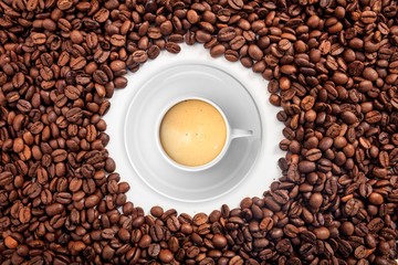 Cup of coffee on coffee beans background. 3d illustration