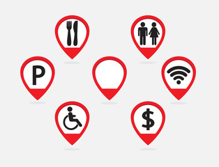 Map markers vector. Restaurant restrooms parking internet bank accessibility.
