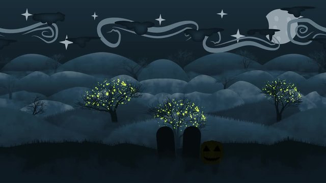 halloween theme, parallax seamless loop, spooky forest with dead trees, pumpkin and graves