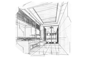 sketch interior perspective BATH ROOM, black and white interior design.