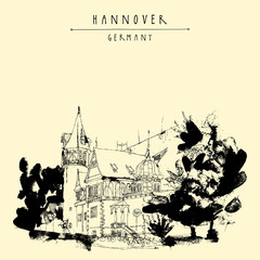 Hanover, Germany, Europe. A beautiful old mansion and trees. Hand drawn touristic postcard, poster template or book illustration
