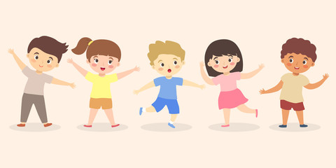 Fun cute multi ethnic Boys and Girls Kid group Set Cartoon Vector illustration