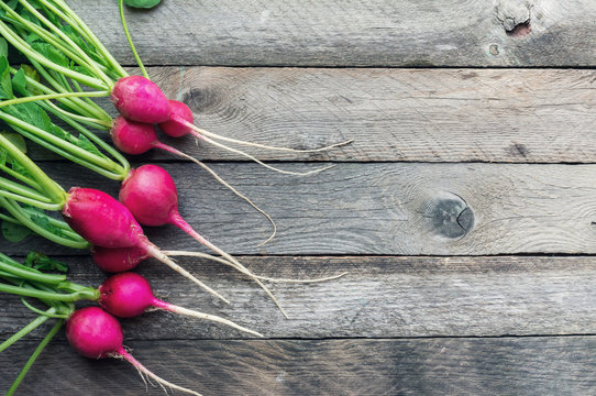 Fresh red radish on wooden background with copy space
