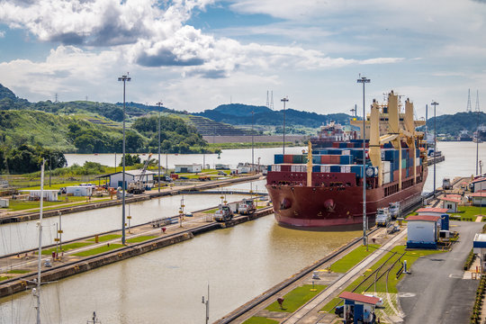Ship crossing Panama Canal at Miraflores Locks - Panama City, Panama