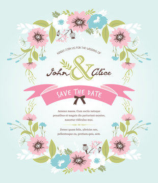 Save the date. Wedding invitation card with beautiful flowers wreath.