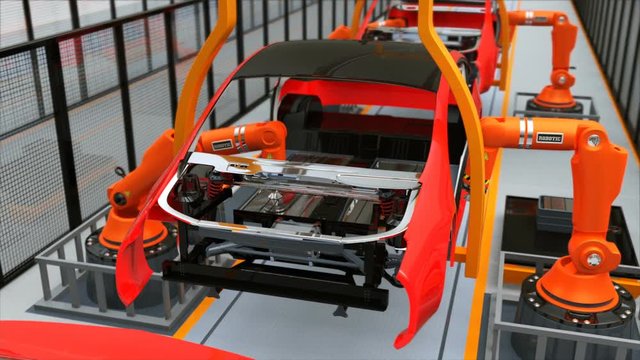 Electric vehicles battery assembly line. 3D rendering animation
