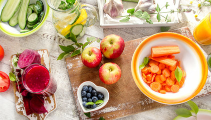 Different fruits, juice and vegetables. Healthy diet eating.