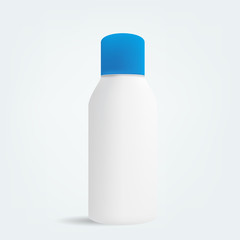 VECTOR PACKAGING: Small white gray beauty/cosmetic product bottle with blue cap on isolated background. Mock-up template ready for design
