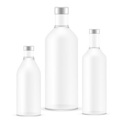VECTOR PACKAGING: SET of white gray empty glass bottles on isolated white background. Mock-up template ready for design