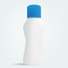 VECTOR PACKAGING: Small white gray beauty/cosmetic product bottle with blue cap on isolated background. Mock-up template ready for design