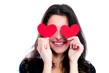 Young woman with red hearts