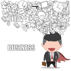 Happy face businessman on business doodles objects background.,