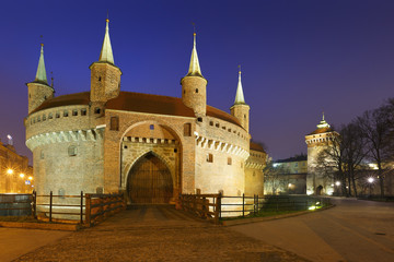Barbican and city wall in the old town of Krakow, Poland.