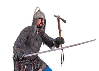 Bulgarian soldier Khazar khanate. 9-10 century. Isolated on white