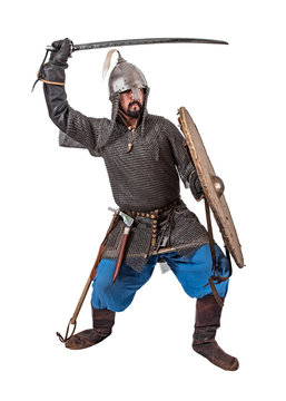 Bulgarian soldier Khazar khanate. 9-10 century. Isolated on white