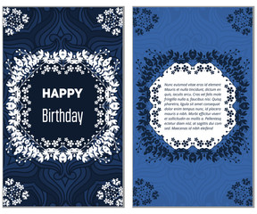 Set Happy Birthday vector cards. on decorated background. Happy Birthday template and mandala pattern, brochure, gift certificate, party invitation, congratulation