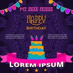 Happy Birthday vector card. on decorated Balloons background. Happy Birthday template and mandala pattern, brochure, gift certificate, party invitation, congratulation