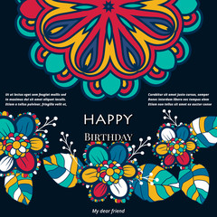  Happy Birthday vector card. on decorated Balloons background. Happy Birthday template and mandala pattern, brochure, gift certificate, party invitation, congratulation