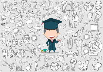 Graduated boy pupils back of school background, drawing by hand vector