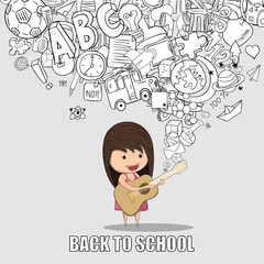 Kid playing guitar against pupils back of school background, dra