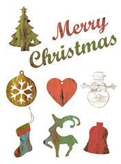 Set of christmas wood decorations isolate on white, xmas ornament. vintage styles