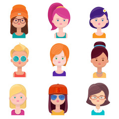 Set of young women faces. Vector illustration of diverse women avatars in flat style