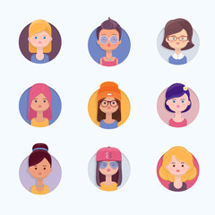 Set of Circle Flat Icons with Women Characters. Different Young Women Faces.