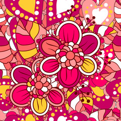 Vector flower pattern. Seamless botanic texture, detailed flowers illustrations.  Floral pattern in doodle style, spring floral background