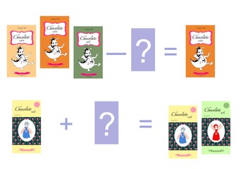Educational game for children. Cartoon illustration of mathematical addition and subtraction. Examples with chocolate. Vector image.