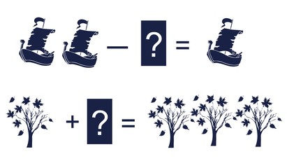 Educational game for children. Cartoon illustration of mathematical addition and subtraction. Examples with cute  silhouettes of ships and trees.