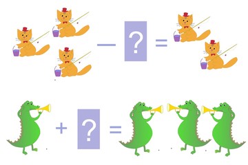 Educational game for children. Cartoon illustration of mathematical addition and subtraction. Examples with cute cats and crocodiles.