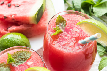 Watermelon sangria with white wine and mint