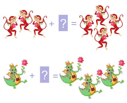 Educational game for children. Examples with cute colorful monkeys and dino. Cartoon illustration of mathematical addition. Vector image.