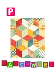 Cute cartoon english alphabet with colorful image and word. Kids vector ABC on white background. Letter P.