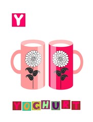 Cute cartoon english alphabet with colorful image and word. Kids vector ABC on white background. Letter Y.