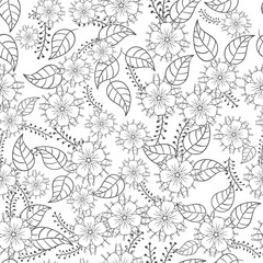 Vector flower pattern. Black and white seamless botanic texture, detailed flowers illustrations. Doodle style, spring floral background.
