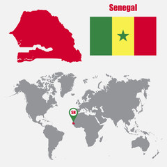 Senegal map on a world map with flag and map pointer. Vector illustration