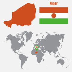 Niger map on a world map with flag and map pointer. Vector illustration