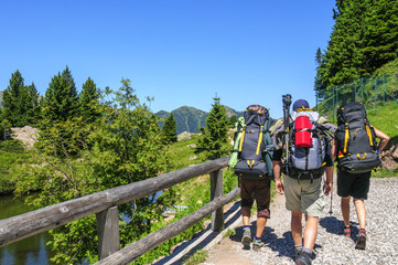 Fototapeta na wymiar Trekking-Tour im Gebirge mit viel Gepäck