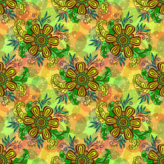 Seamless Background with Tile Floral Pattern, Symbolic Flowers and Leafs and Abstract Ornament. Eps10, Contains Transparencies. Vector