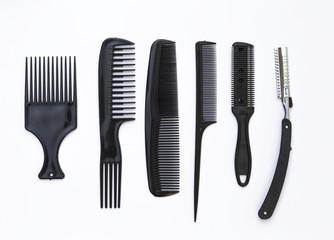 Hair salon equipment on white background