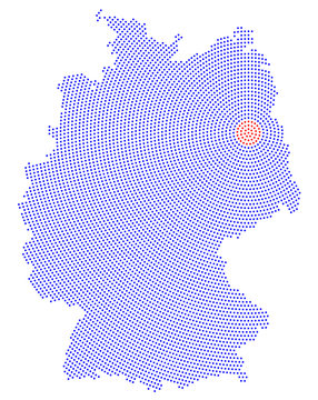 Germany map radial dot pattern. Blue dots going from the red dotted capital Berlin outwards and form the country silhouette with the island Ruegen. Illustration on white background.