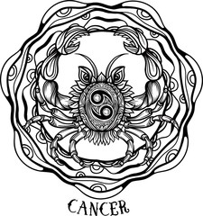 Hand drawn line art of zodiac cancer. Vector