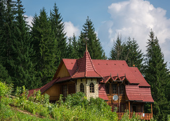 Beautiful wooden house with attic tower among pine trees