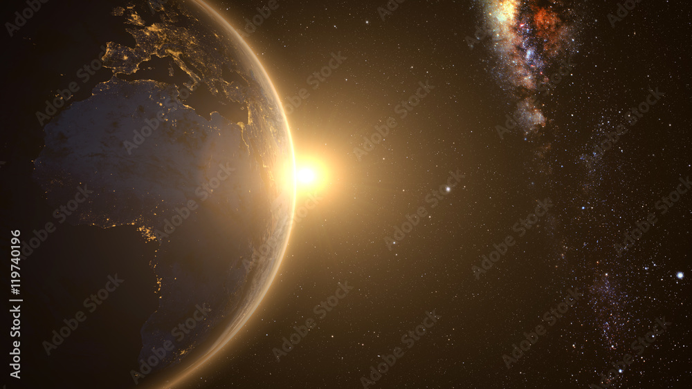 Canvas Prints planet earth with a spectacular sunrise with milkyway in the background. 3d render.