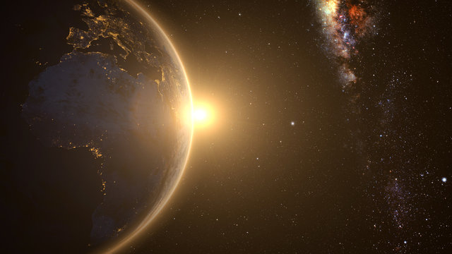 Planet Earth with a spectacular sunrise with milkyway in the background. 3d render.